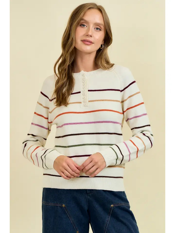Multi Stripe Henley Neck Sweater