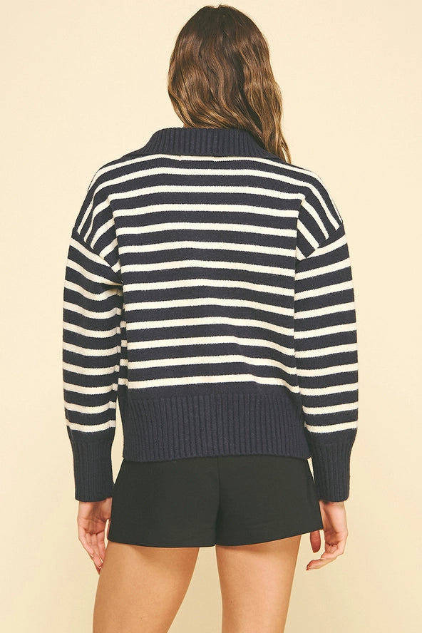 Navy Striped Zip-Up Sweater