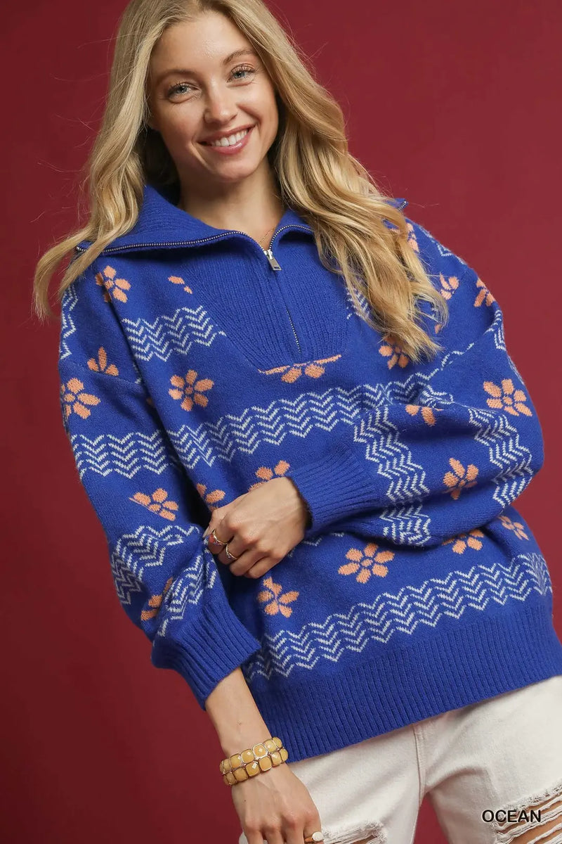 Mixed Print 1/4 Zip Sweater