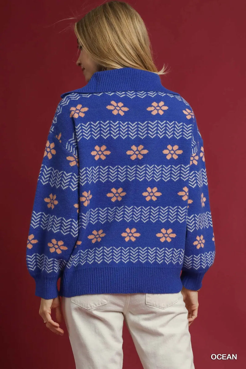 Mixed Print 1/4 Zip Sweater