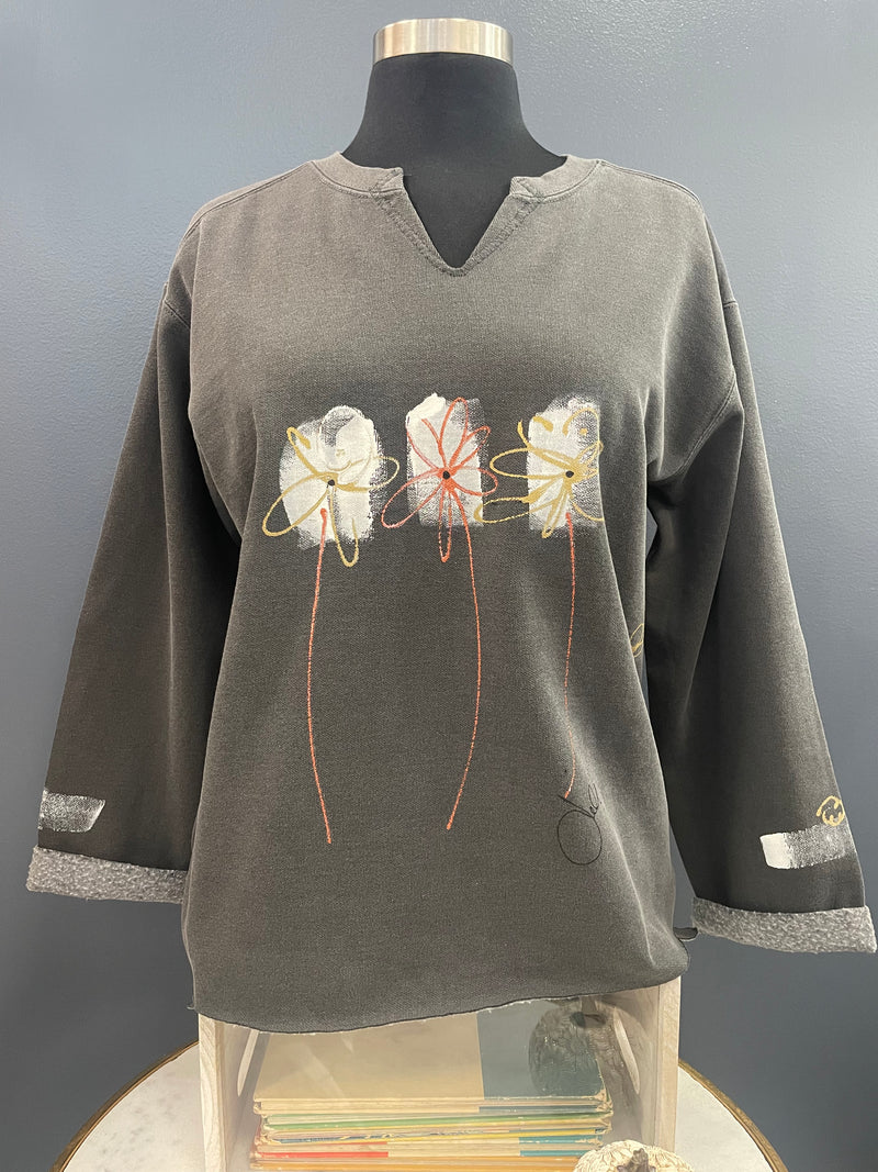 Kunky's Hand Painted Hi-Low Grey Floral Sweatshirt