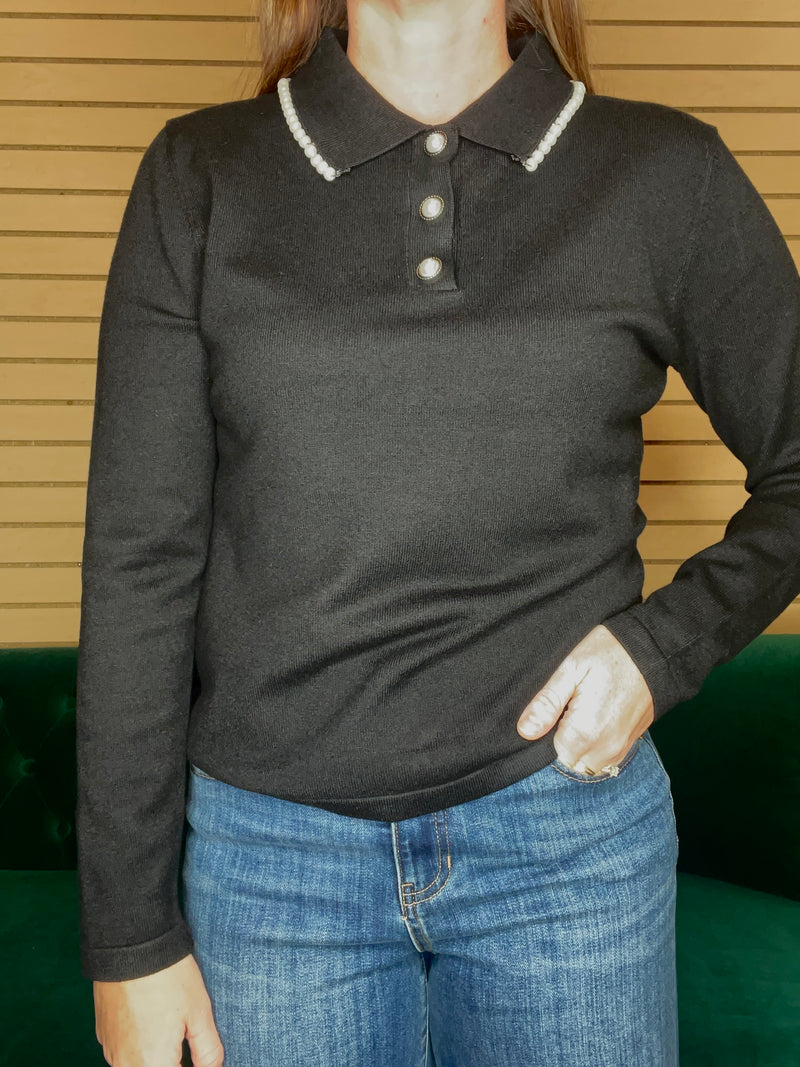 Pearl Embellished Polo Sweater
