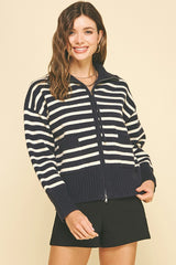 Navy Striped Zip-Up Sweater