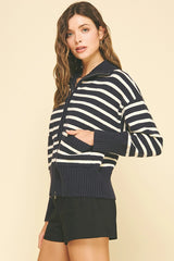 Navy Striped Zip-Up Sweater