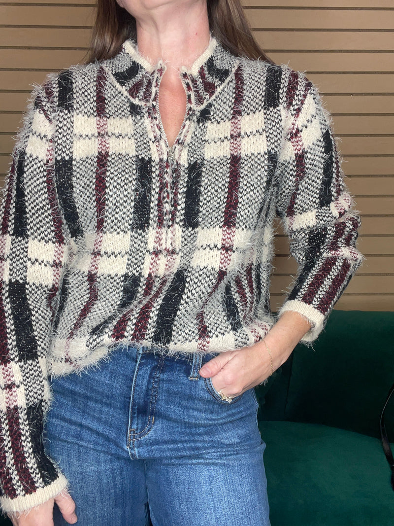 Ethyl Eyelash Plaid 1/4 Zip Sweater