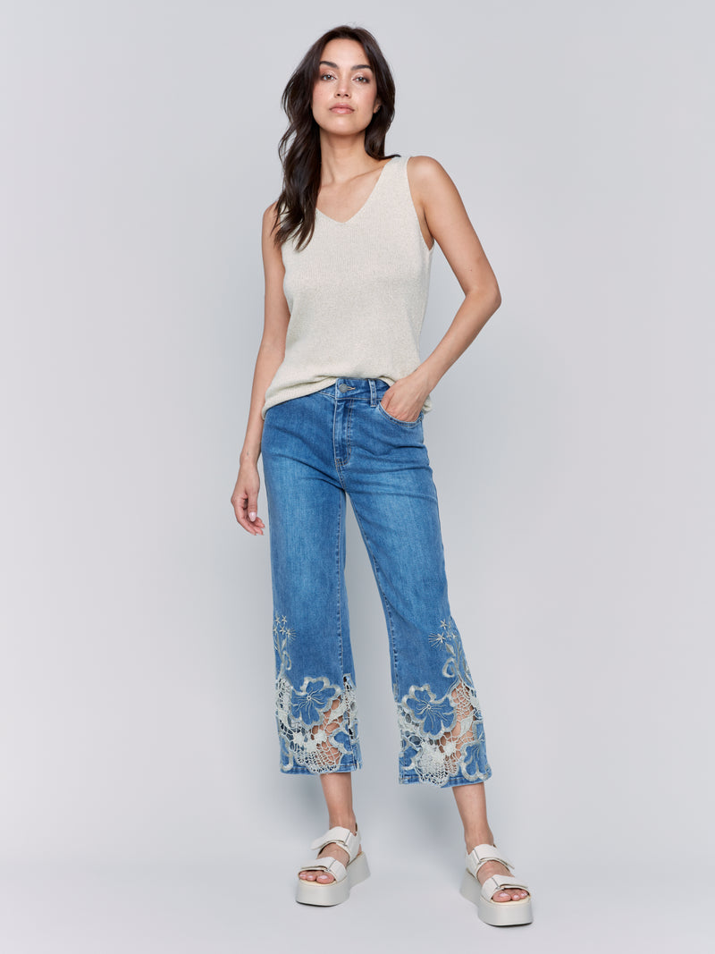 Charlie B. Embroidered Lace Crop Flare