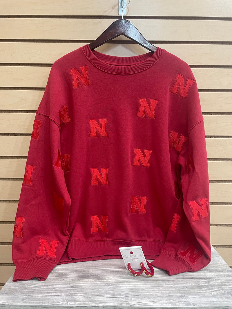 Gameday Social- Nebraska Allover Embroidered "N" Sweatshirt