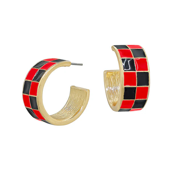 Red & Black Checked Hoop Earring