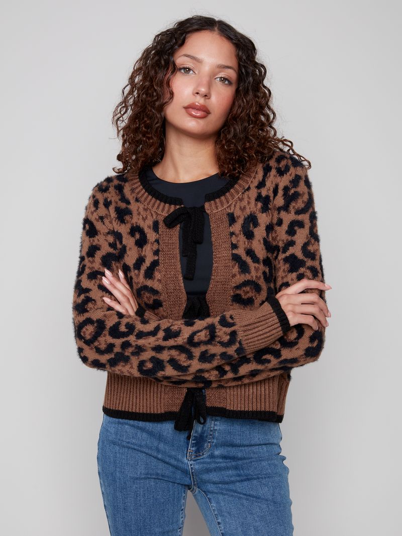 Charlie B. Plush Knit Bow Tie Cheeta Cardi