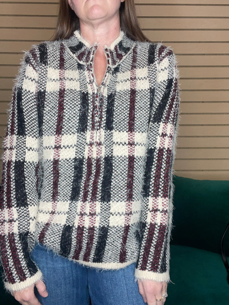 Ethyl Eyelash Plaid 1/4 Zip Sweater