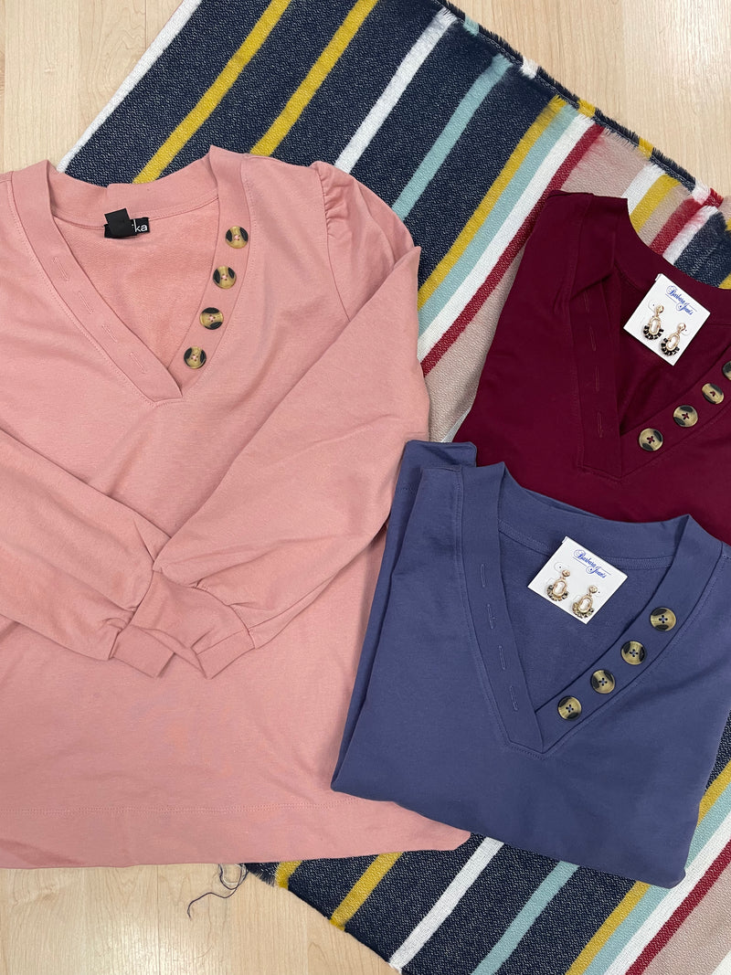 Rebecca V-Neck Button Sweatshirt- Multiple Colors!