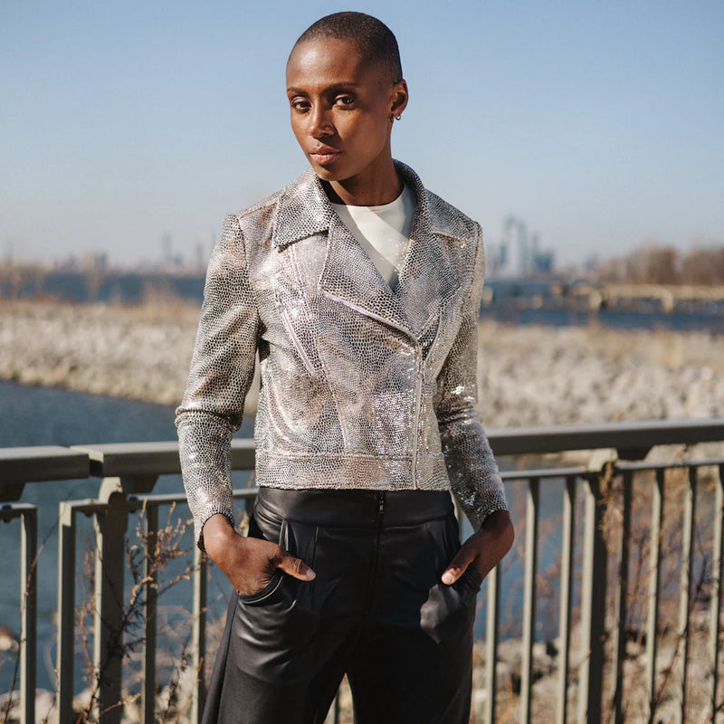 Clara Sun Woo Sequin Knit Moto Jacket