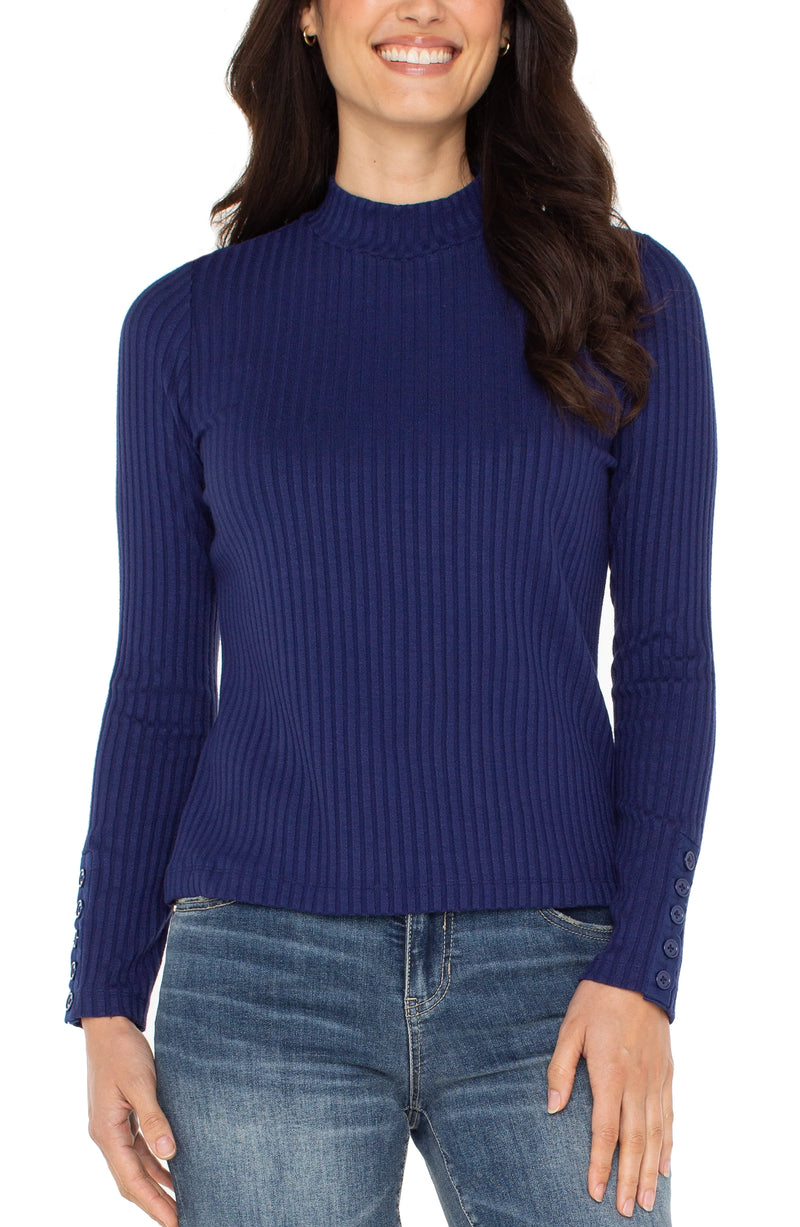 Liverpool Ribbed Mock With Button Cuff- Multiple Colors