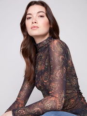Charlie B. Printed Ruched Mesh Top