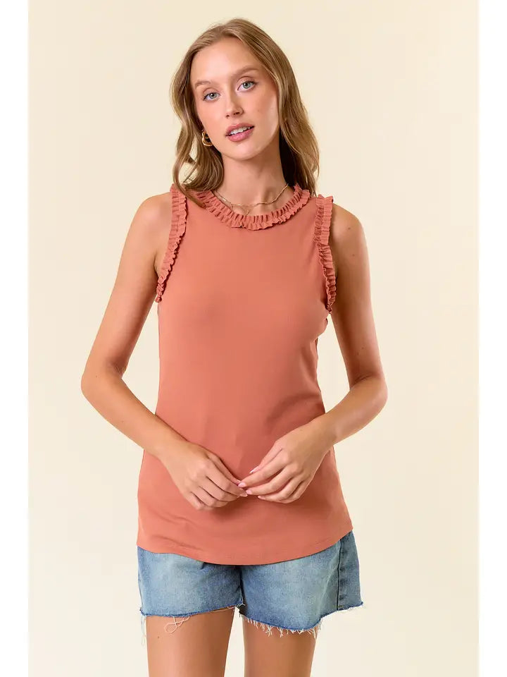 Solid Knit Ruffle Trim Tank- 4 Colors