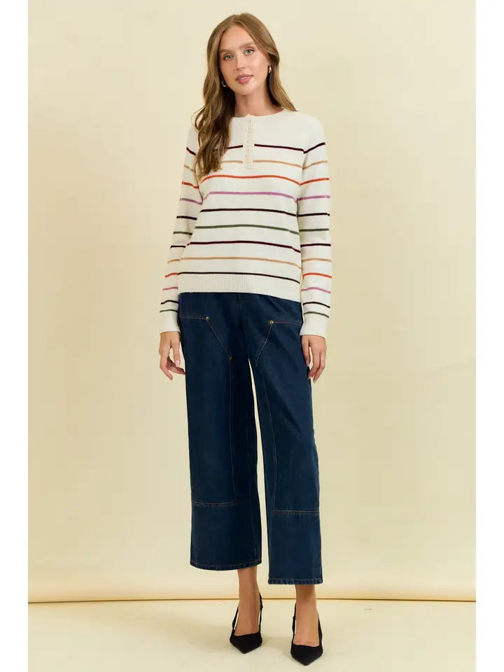 Multi Stripe Henley Neck Sweater