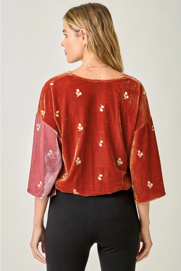 Embroidered Velvet Colorblock Top