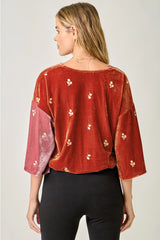 Embroidered Velvet Colorblock Top