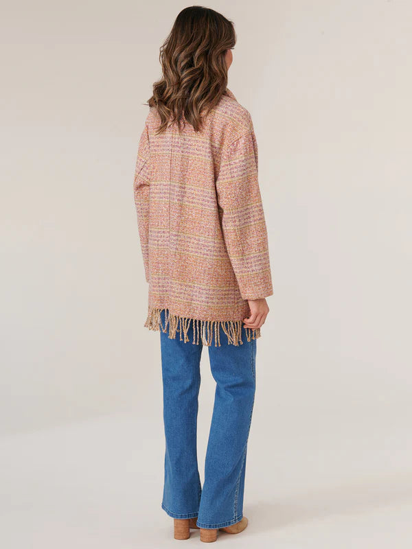 Democracy Plaid Fringed Coat With Attached Scarf