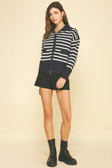 Navy Striped Zip-Up Sweater