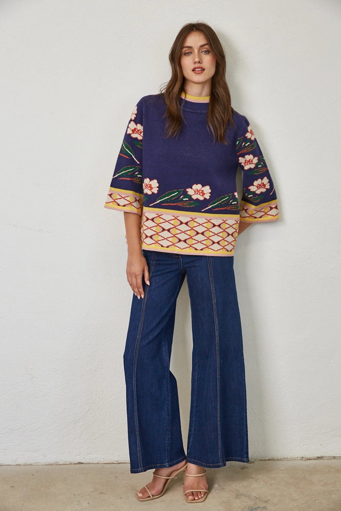FATE Border Print Floral Sweater