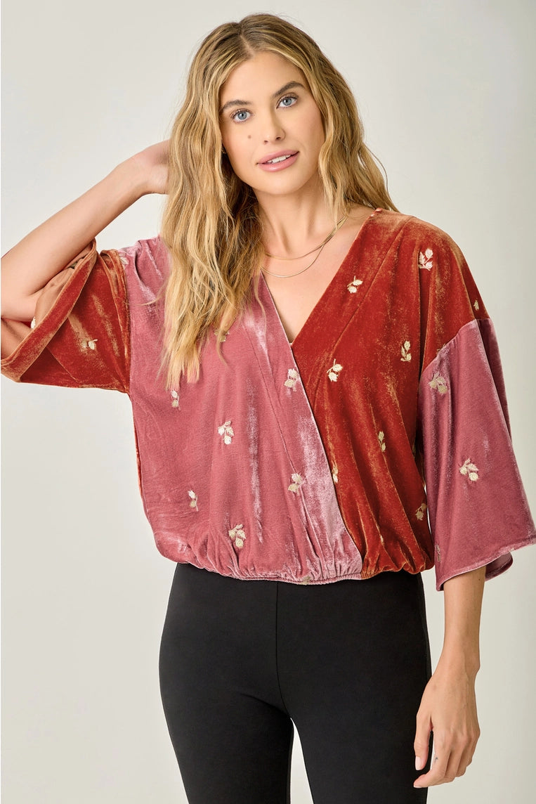 Embroidered Velvet Colorblock Top