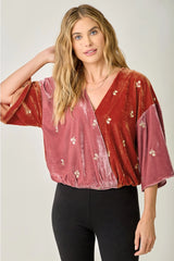Embroidered Velvet Colorblock Top