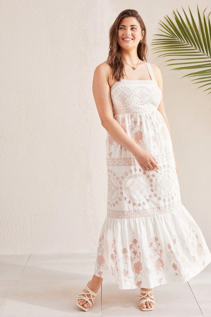 Tribal English Embroidery White Maxi Dress