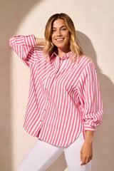 Tribal Teaberry Striped Button-Up