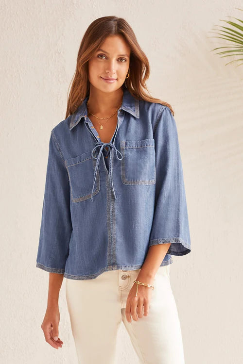 Tribal Chambray Lace-Up Blouse