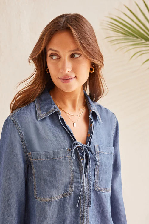 Tribal Chambray Lace-Up Blouse