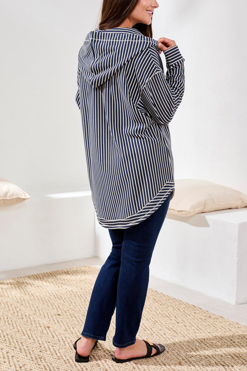 Tribal Striped Hoodie With Curved Hem