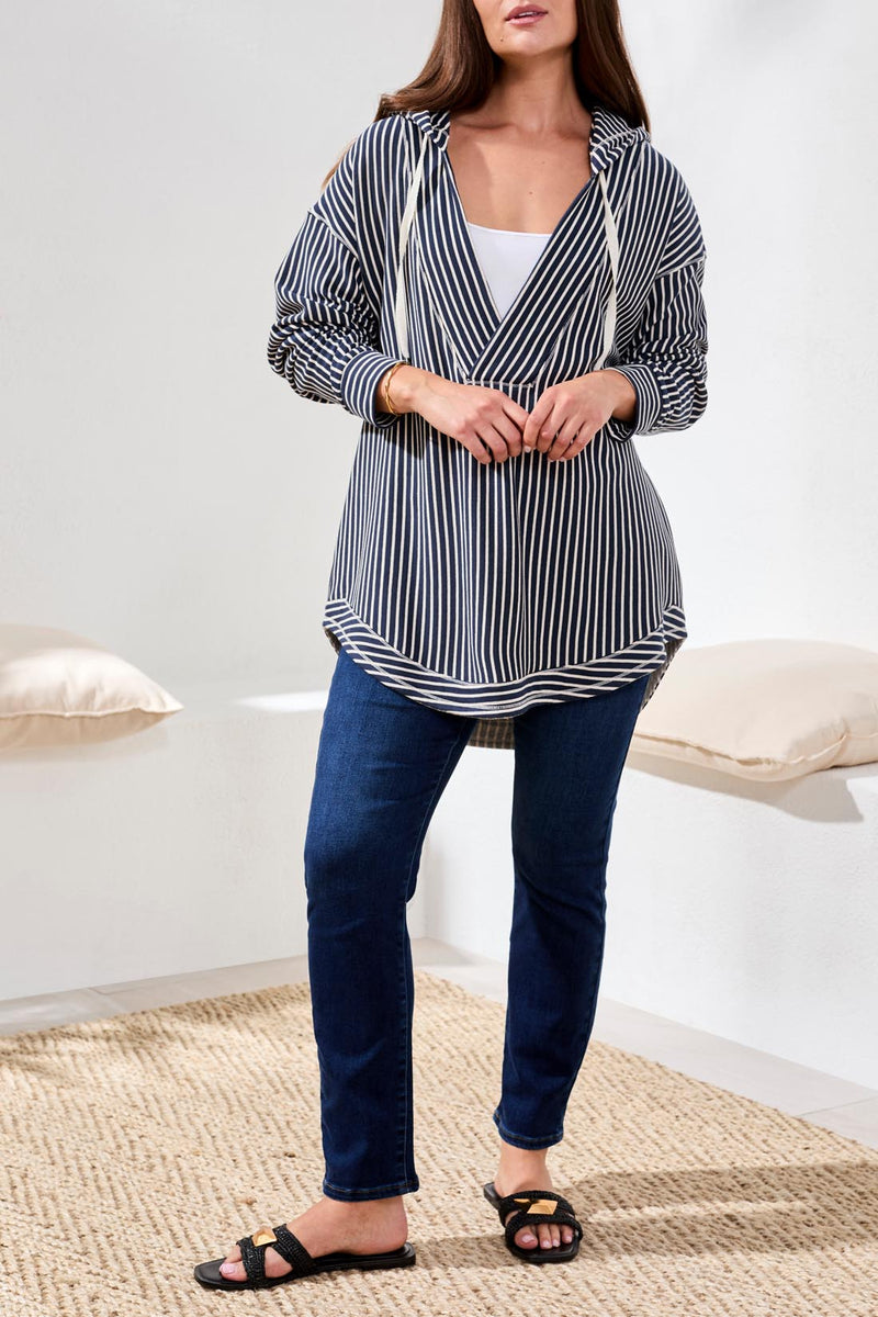Tribal Striped Hoodie With Curved Hem